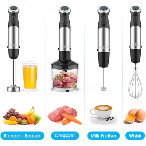Game Changing 1000 Watt Immersion Blender Featuring 12 Speed Settings And Premium Stainless Steel Blades with beaker and chopper.