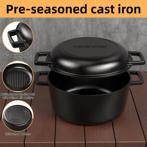 Built Tough Cast Iron Dutch Oven Pot With Skillet Lid 5 Qt Pre Seasoned Non Toxic PFAS Free shown with handles and lid detail