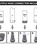 Diagram of multiple hose connectors included with Automatic On Off Submersible Sump Pump For Clean And Dirty Water