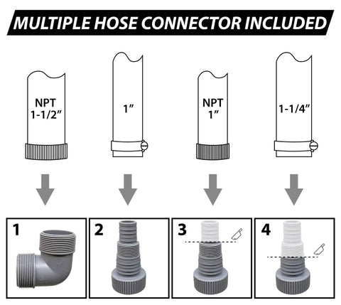Diagram of multiple hose connectors included with Automatic On Off Submersible Sump Pump For Clean And Dirty Water