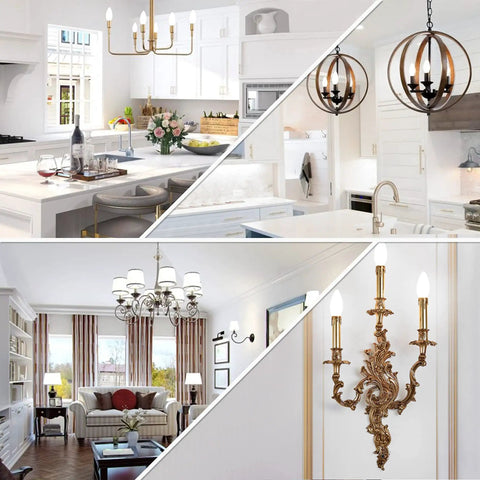 Daylight 5000K Led Candelabra Bulbs E12 Small Base 60W Equivalent 500LM Non Dimmable B11 Bulb For Chandeliers And Ceiling Fans 120V 8 Pack With High 85 Plus CRI Energy Efficient Lighting installed in various chandelier styles in home settings.