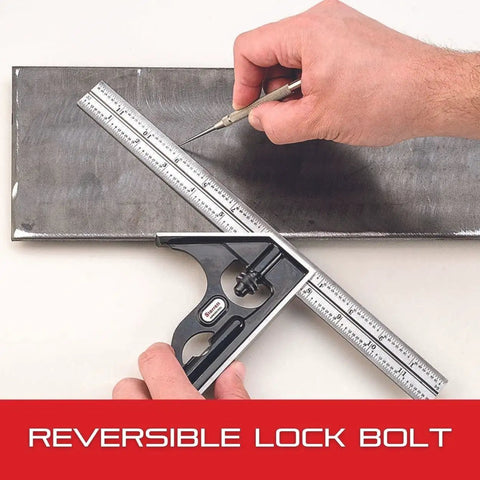 Heavy Duty Steel Combination Square With Square Head, 4 Inch Blade, Cast Iron Heads, Reversible Lock Bolt, 4R Graduation, precision tool in use