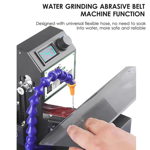 Mini Belt Sander Electric Polishing Machine For Metalworking And Wood showing water grinding function with digital screen and flexible hose.