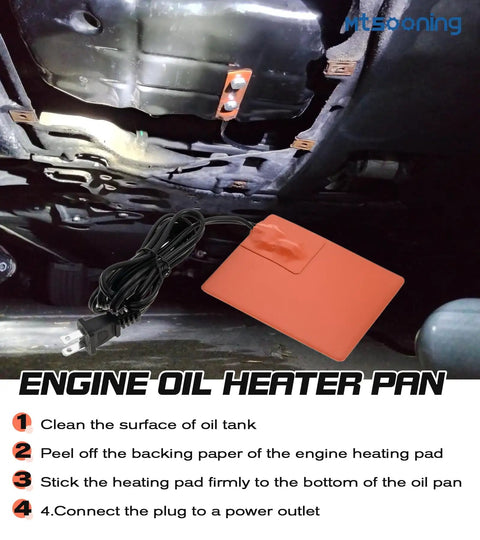 2Pcs Silicone Engine Block Heater Pad, 4X5 Inch, 150W 120V under an oil tank with plug for easy installation.