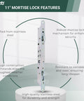 Eleven And Three Quarters Inch Multi Point Mortise Lock With Face Plate For Sliding Patio Glass Door Dual Point Lock Set Replacement Anti Slam Button Stainless Steel Handle Not Included shown standing against a white background featuring product details