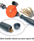 Workhorse Hand Drill Kit Three Eighths Inch Manual Drill With Nine Piece High Speed Steel Bit Set Chuck And Key showing hollow handle