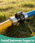 12 Pack Three Quarter Inch Plastic Garden Hose Shut Off Valve With Quick Connect Fittings For Standard US Hoses Easy Snap Watering Connector Kit For Sprinklers Nozzles And Yard Accessories between yellow and blue hoses