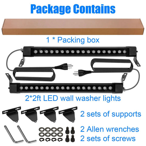 Package of Outdoor Wall Washer Light Bar Pair 36W 5000K Daylight White LED Linear Lighting 2ft 120V with accessories.