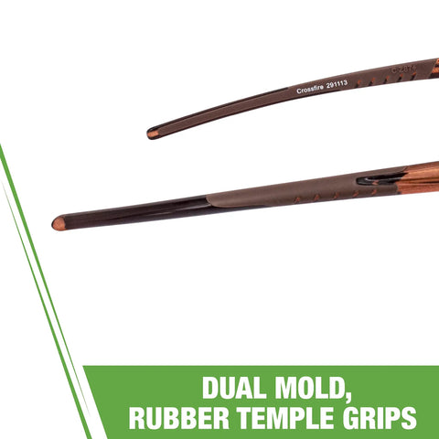 Dual mold, rubber temple grips of Es5 Polarized Safety Glasses With High Definition Brown Lens And Crystal Brown Frame, ANSI Z87.1 Compliant