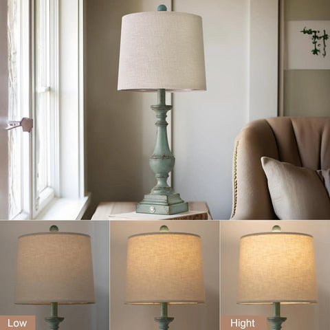 Three Way Dimmable Touch Table Lamps Set Of Two With USB Ports For Quick Phone Charging Ideal For Bedroom Nightstand Or Living Room Rustic Green Finish And Modern Look, shown in different brightness levels