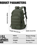 Compact Tactical Backpack 15L With MOLLE For Hiking And Cycling Built To Last Everyday Carry Go To Daypack With dimensions shown