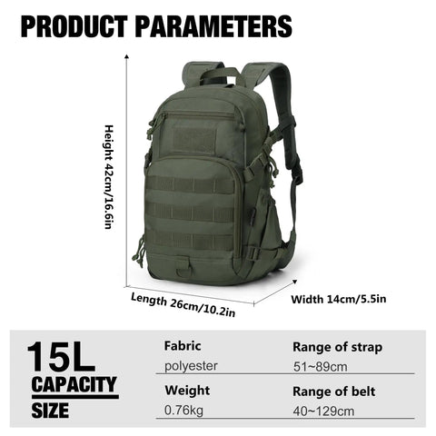 Compact Tactical Backpack 15L With MOLLE For Hiking And Cycling Built To Last Everyday Carry Go To Daypack With dimensions shown