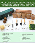 Five Vibrant Bonsai Kit For Beginners With seeds, pots, tools, and manual displayed on table.