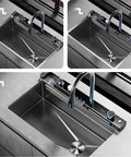 Multifunctional Black Stainless Steel Kitchen Faucet 26.8/29.5/31.5/33.5/90cm Integrated Sink Accessories for Modern Cooking (75x46x22cm) installed in kitchen sink.