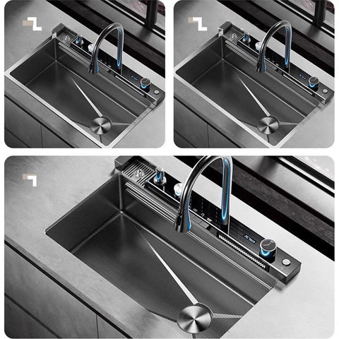 Multifunctional Black Stainless Steel Kitchen Faucet 26.8/29.5/31.5/33.5/90cm Integrated Sink Accessories for Modern Cooking (75x46x22cm) installed in kitchen sink.