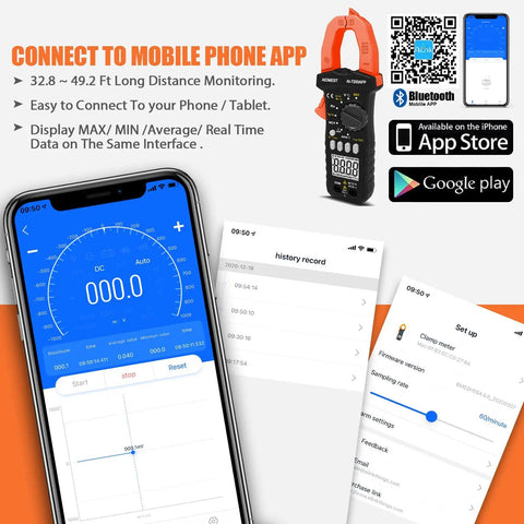 Bluetooth Digital Multimeter With Clamp On Meter 7200APP showing app connectivity with smartphone interface and features.