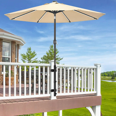 Rugged Deck Railing Umbrella Holder Mount For Patio No Fuss Easy Install Adjustable Outdoor Umbrella Bracket on white railing