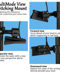 MultiMode view switching mount for trolling motor showing forward, perspective, and downward views. Sonar customization with LVS34 transducer.