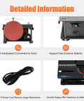 Portable Multi Function Table Saw With Drill Chuck And Sanding Kit, detailed features including sandpaper, support feet, and power cord.