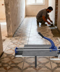 24 Inch Manual Tile Cutter With Tungsten Alloy Wheel And Double Rail Track For Ceramic Porcelain And Glass Cutting Featuring Precision Infrared Positioning Heavy Duty Build in use while tiling a floor