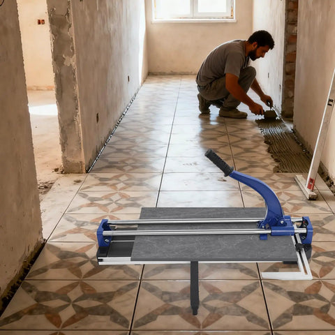 24 Inch Manual Tile Cutter With Tungsten Alloy Wheel And Double Rail Track For Ceramic Porcelain And Glass Cutting Featuring Precision Infrared Positioning Heavy Duty Build in use while tiling a floor