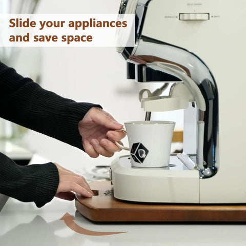 Rock Solid Wooden Appliance Slider With 360 Rolling Wheels For Coffee Makers, shown sliding an espresso machine.