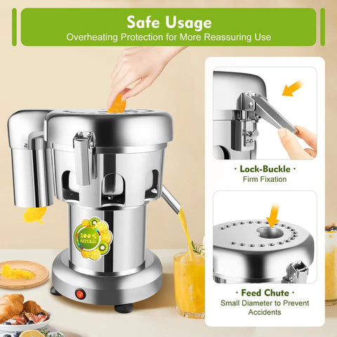 Heavy Duty Commercial Juice Extractor 370W Electric Centrifugal Juicer Machine High Capacity 80 To 100KG Hour with feed chute and lock-buckle.