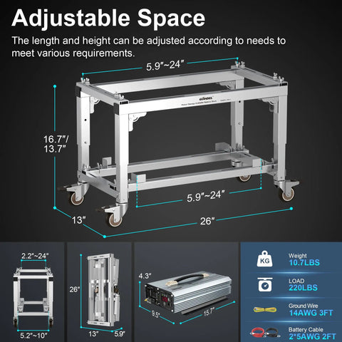 Total Game Changer Off Grid Solar Kit Packing 2200 Watt Inverter With 20A PWM Controller And Foldable Battery Rack, adjustable foldable battery rack.