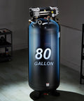 Quiet Badass 80 Gallon Air Compressor 6.5 HP Oil Free Tank profile, showing 80 Gallon capacity and compressor at workshop.