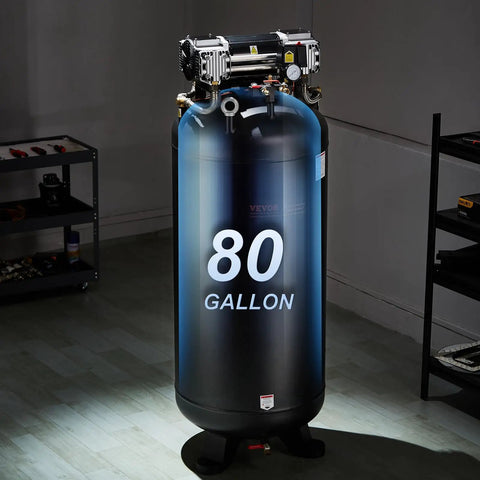 Quiet Badass 80 Gallon Air Compressor 6.5 HP Oil Free Tank profile, showing 80 Gallon capacity and compressor at workshop.