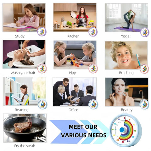 Grid of activities highlighting Colorful Visual Countdown Timer Kid Friendly For All Ages 60 Minute Time Timer in various settings.