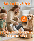 Top Shelf Handheld Steam Cleaner For Complete Home Care in use by adult, child, and dog in home setting, promoting safe cleaning.