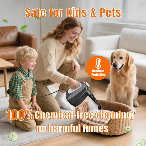 Top Shelf Handheld Steam Cleaner For Complete Home Care in use by adult, child, and dog in home setting, promoting safe cleaning.