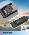 Close-up of black metal cam buckle on short lashing straps with padded webbing, 4 pack, 1 ft each, 350 lbs break strength.