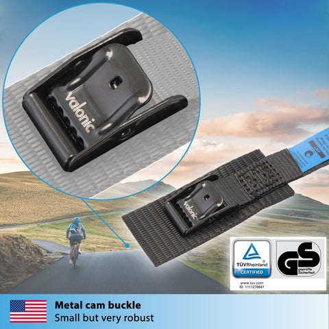 Close-up of black metal cam buckle on short lashing straps with padded webbing, 4 pack, 1 ft each, 350 lbs break strength.