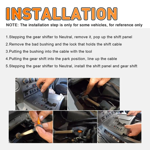 Gear Shift Bushing Kit For Armada Pathfinder Frontier Titan Xterra Infiniti QX56 QX80 Nissan Suzuki Equator Transmission Linkage Cable Bushing Repair Set 4 Pack 134193 349351LA0A 34935ZR00A installation instructions with images of hands replacing bushings.