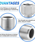 Advantages of 304 Stainless Steel Reducer Adapter 3/4 NPT Female To 1/2 NPT Male Pipe Fitting Pack Of Six, featuring hex fittings and thread details.