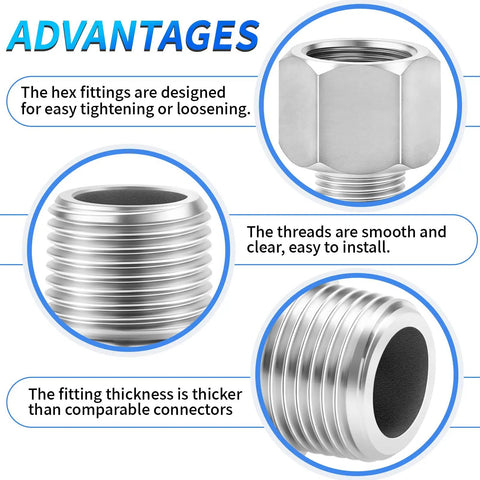 Advantages of 304 Stainless Steel Reducer Adapter 3/4 NPT Female To 1/2 NPT Male Pipe Fitting Pack Of Six, featuring hex fittings and thread details.