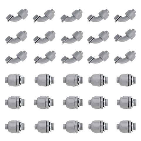 3/4 Inch Liquid Tight PVC Conduit Connectors Kit UL Listed Non Metallic Electrical Fittings 30 Pack With 15 Straight And 15 90 Degree Connectors