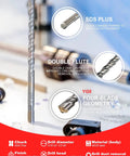 Close-up of Ten Piece SDS Plus Drill Bit Set With Carbide Tipped Bits For Concrete And Masonry Sizes Three Sixteenth Inch To One Half Inch Durable Rust Resistant Alloy Steel Body For Rotary Hammer Drills And Tough DIY Jobs