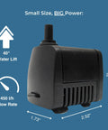 Compact Submersible Water Pump For Fountains Ponds And Birdbaths 119 GPH 40 Inch Lift shown with dimensions and power icons.