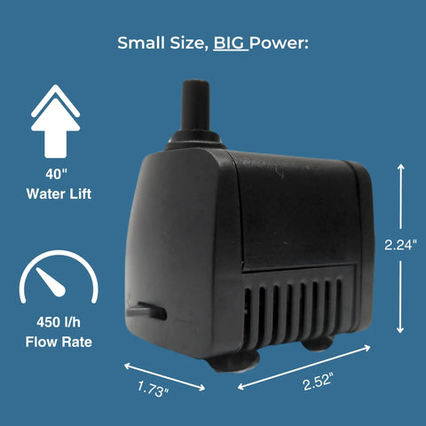 Compact Submersible Water Pump For Fountains Ponds And Birdbaths 119 GPH 40 Inch Lift shown with dimensions and power icons.