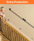 Heavy Duty Metal Pipe Stair Railing And Indoor Handrails Built For Outdoor Steps Featuring Slick Adjustable Corners And A No Sweat Install Across 3 Foot Sections shown on indoor staircase with woman.