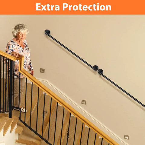 Heavy Duty Metal Pipe Stair Railing And Indoor Handrails Built For Outdoor Steps Featuring Slick Adjustable Corners And A No Sweat Install Across 3 Foot Sections shown on indoor staircase with woman.