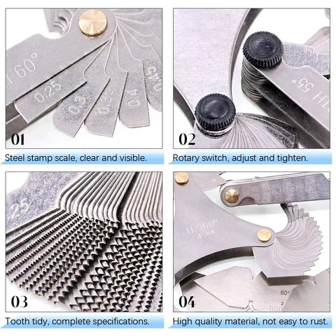 Stainless Steel Pro Grade Screw Thread Pitch Gauge Kit With 51 SAE Type And 52 Metric And Inch Gauges Plus 3 Center Gauges Including British Whitworth In A Portable Plastic Box For Quick Accurate Thread Sizing On Any Jobsite