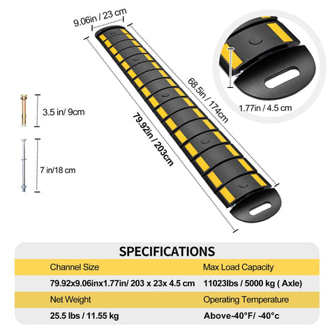 Heavy Duty Rubber Speed Bump 6.4 Ft Portable For Driveways And Roads, Tough Traffic Calming Pad With Five Bolts And Three Straps