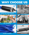 30FT heated RV water hose infographic with antifreeze to -45F; durable, no leaking, with comparisons
