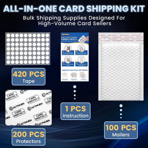 All In One Trading Card Shipping Kit With 200 Card Protectors, 100 Self Seal Bubble Mailers, 420 Card Sealing Stickers And Instruction Sheet