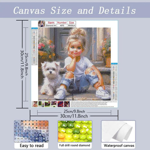 Dog Lover Diamond Painting Kit For Adults Beginners Full Diamond Dot Art DIY 12x12 Inch showing example and canvas details.