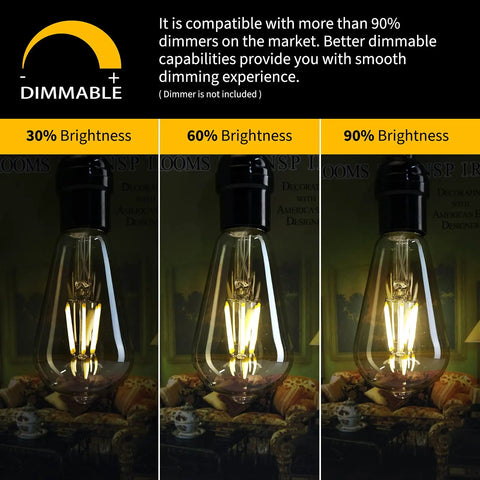 Dimmable LED Edison Bulbs 4 Pack E26 6W 60W Equivalent showing brightness levels: 30%, 60%, 90%, in amber warm white